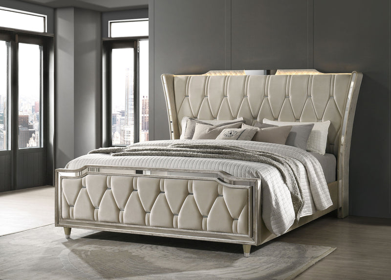 Cama tapizada Lorient LED, marfil y camel