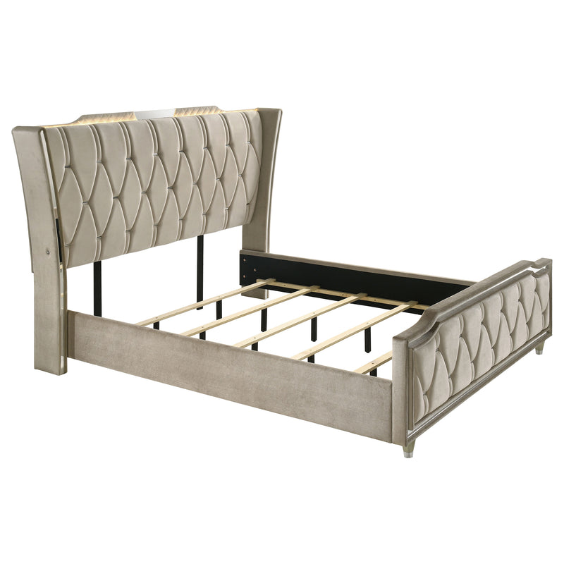 Cama tapizada Lorient LED, marfil y camel