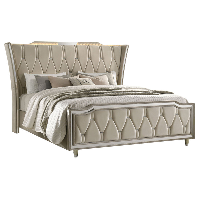 Cama tapizada Lorient LED, marfil y camel