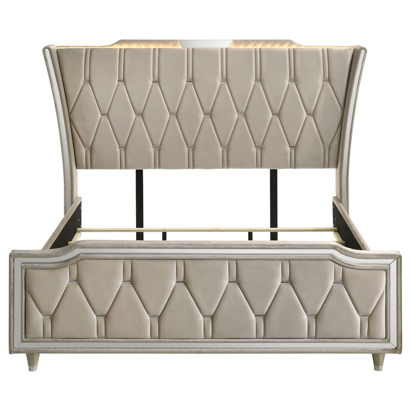 Cama tapizada Lorient LED, marfil y camel