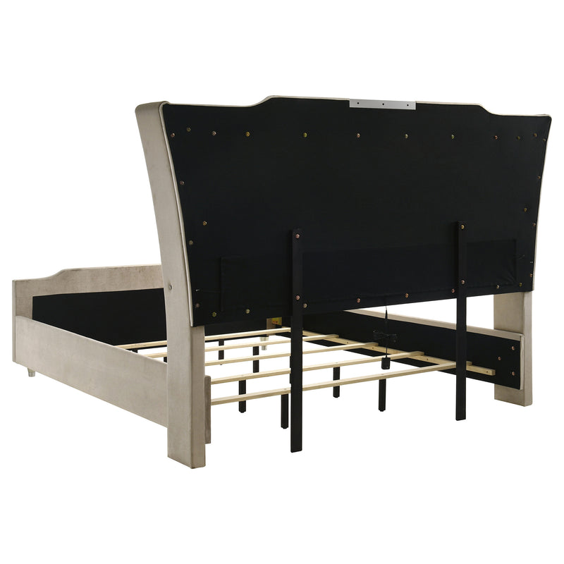 Cama tapizada Lorient LED, marfil y camel