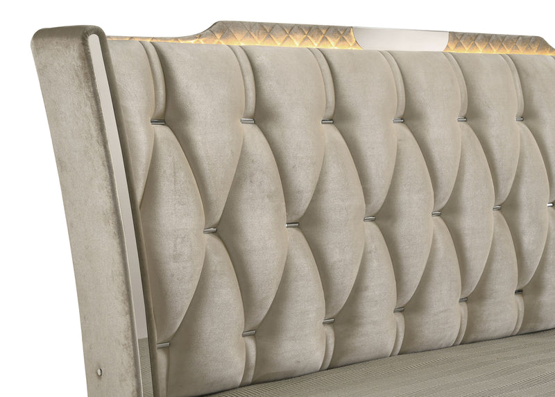Cama tapizada Lorient LED, marfil y camel