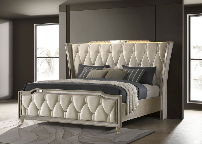 Lorient LED Upholstered Wingback Bed Ivory and Camel