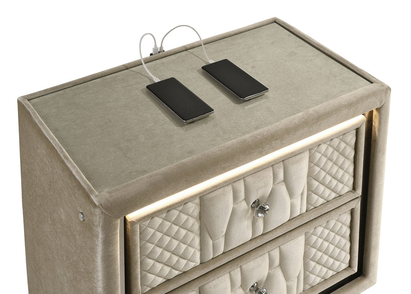 Mesa de Noche Lorient de 2 Cajones con LED y USB Color Marfil y Camel