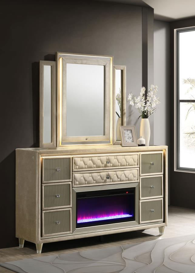 Cómoda con 8 cajones y espejo Lorient con LED Flame Box Color Marfil Camel
