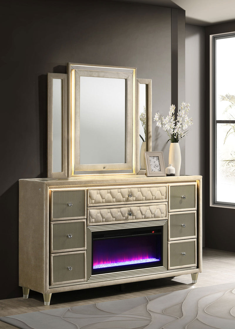 Cómoda con 8 cajones y espejo Lorient con LED Flame Box Color Marfil Camel