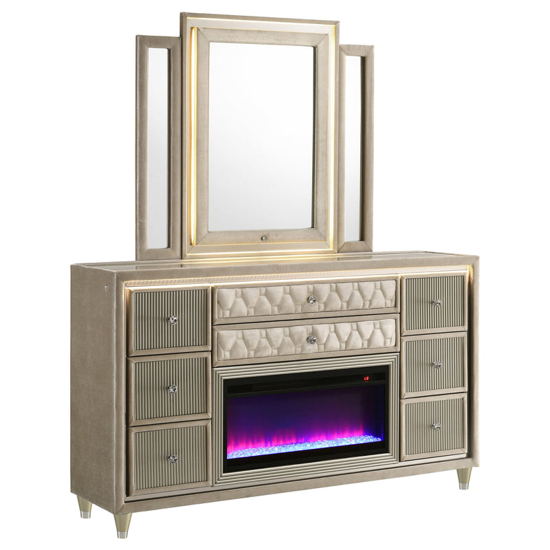 Cómoda con 8 cajones y espejo Lorient con LED Flame Box Color Marfil Camel