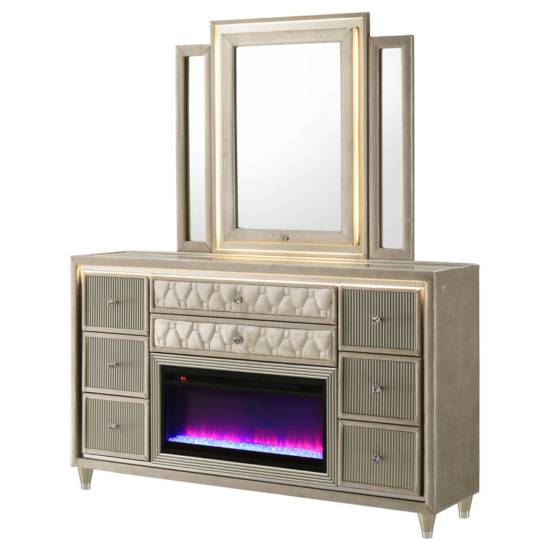 Cómoda con 8 cajones y espejo Lorient con LED Flame Box Color Marfil Camel