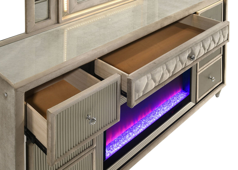 Cómoda con 8 cajones y espejo Lorient con LED Flame Box Color Marfil Camel