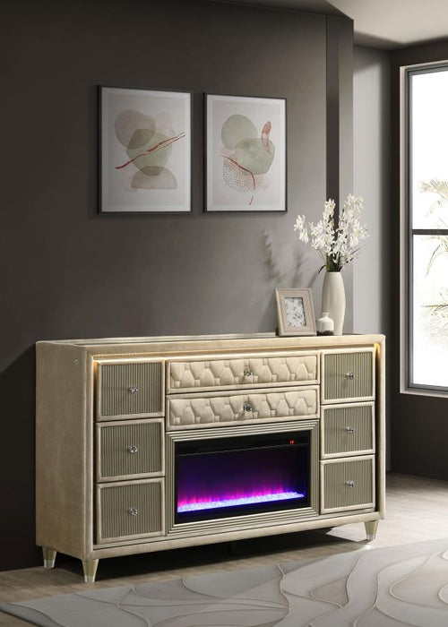 Lorient 8-drawer LED Bedroom Flame Box Dresser Ivory Camel