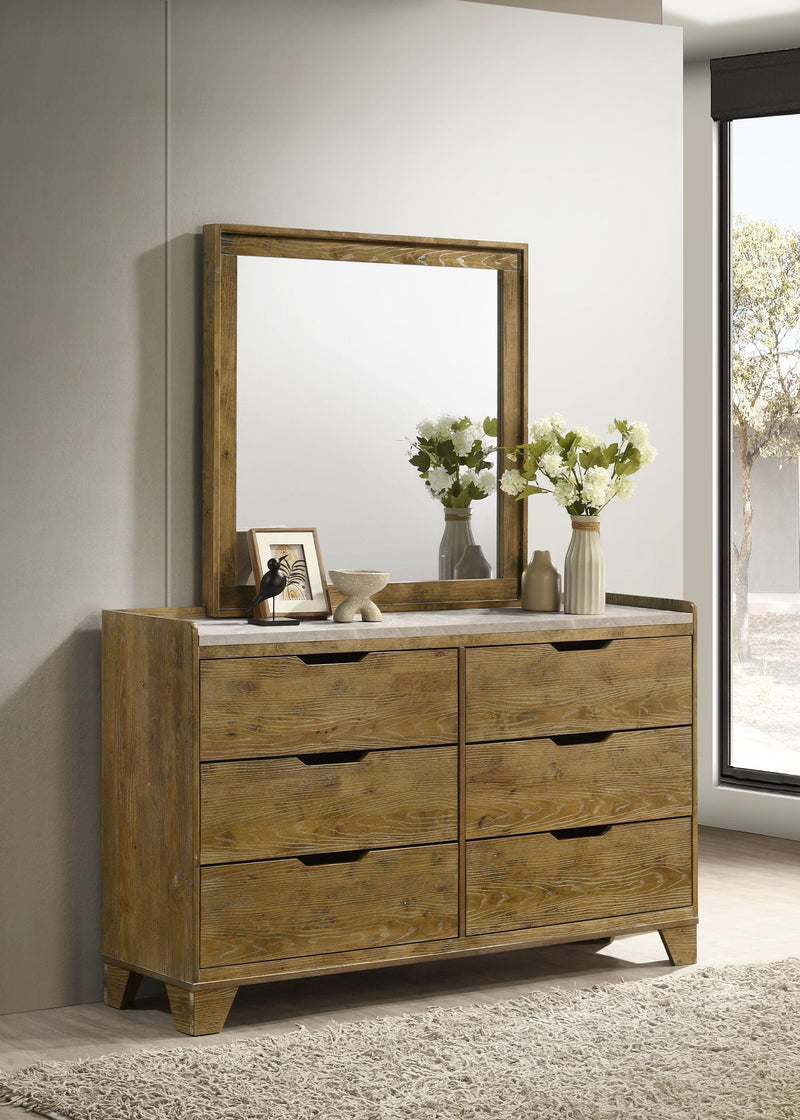 Cómoda Henderson de 6 cajones para dormitorio con espejo, roble medio