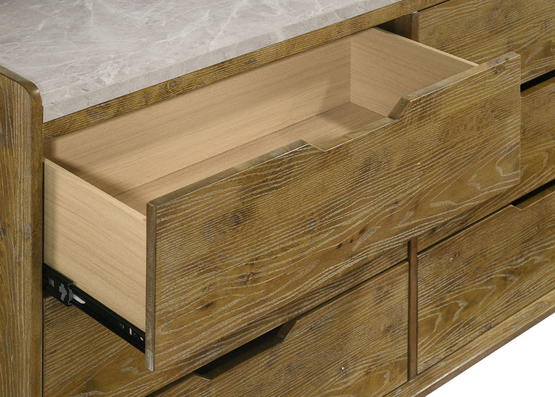 Cómoda Henderson de 6 cajones para dormitorio con espejo, roble medio