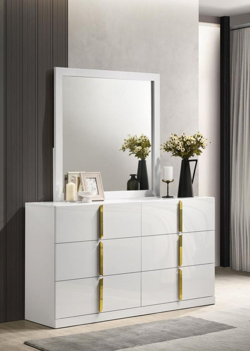 Ines 6-drawer Bedroom Dresser with Mirror White High Gloss