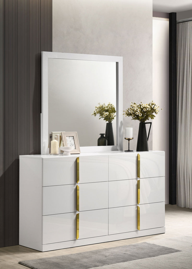 Cómoda Ines de 6 cajones para dormitorio con espejo, color blanco de alto brillo