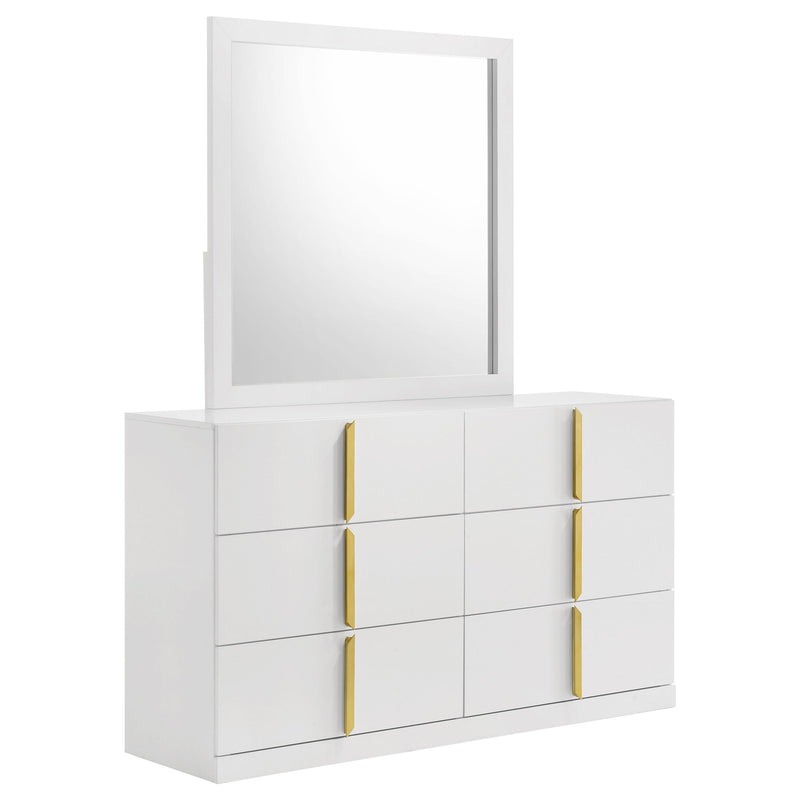 Cómoda Ines de 6 cajones para dormitorio con espejo, color blanco de alto brillo