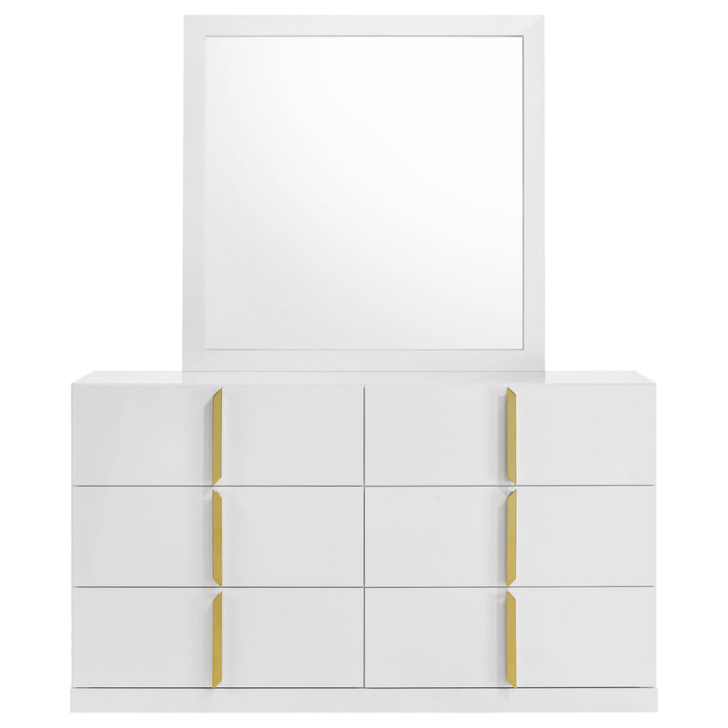 Cómoda Ines de 6 cajones para dormitorio con espejo, color blanco de alto brillo