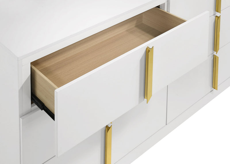 Cómoda Ines de 6 cajones para dormitorio con espejo, color blanco de alto brillo