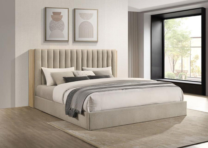 Arielle Upholstered Bookcase Bed Light Tan and Light Oak