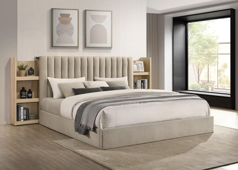 Arielle Upholstered Bookcase Bed Light Tan and Light Oak