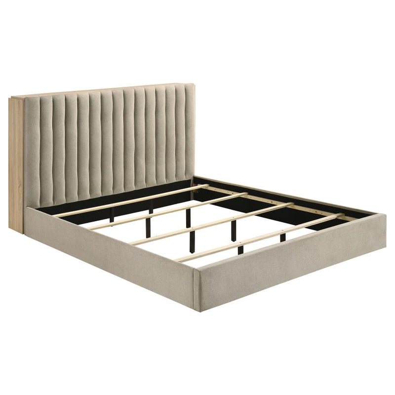 Arielle Upholstered Bookcase Bed Light Tan and Light Oak