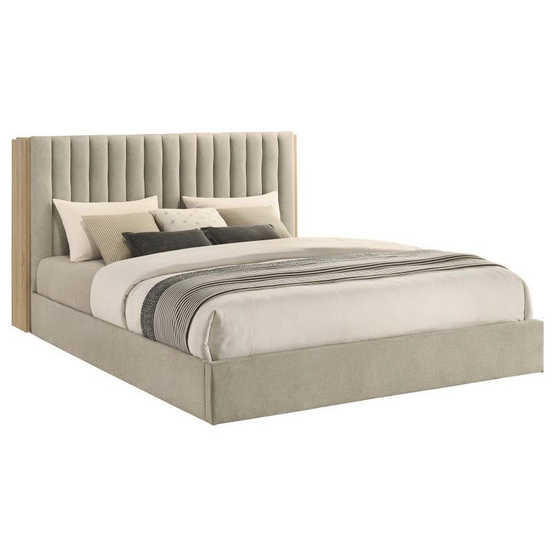 Arielle Upholstered Bookcase Bed Light Tan and Light Oak
