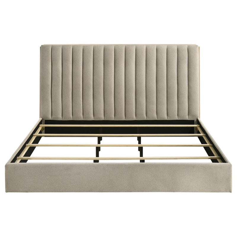 Arielle Upholstered Bookcase Bed Light Tan and Light Oak