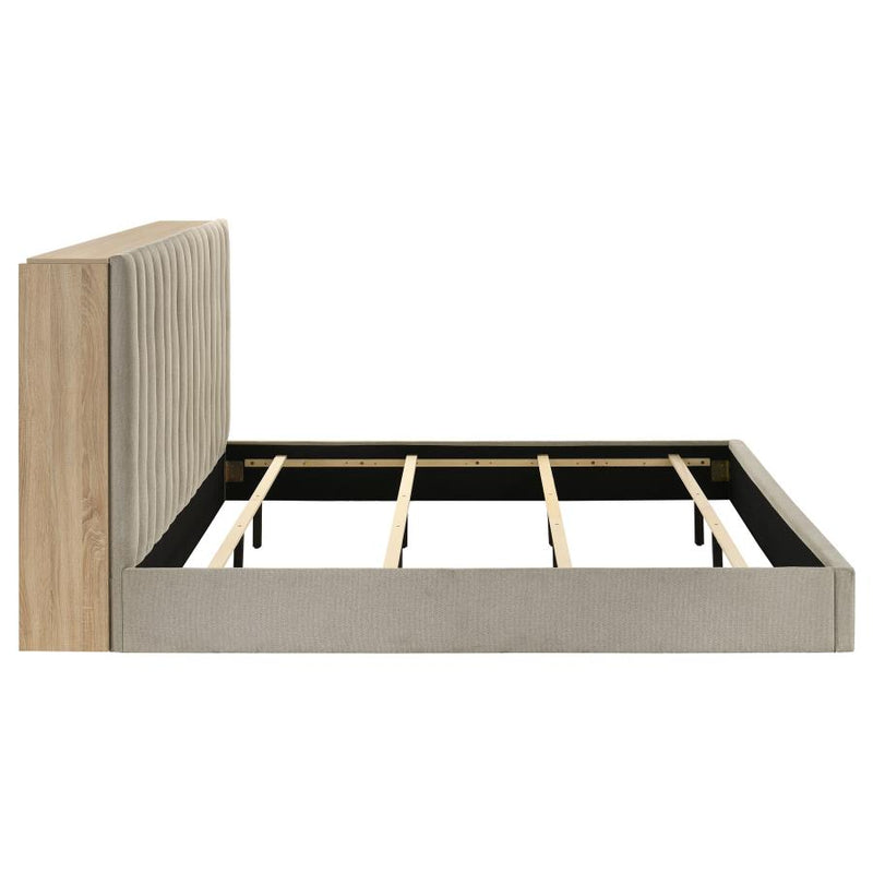 Arielle Upholstered Bookcase Bed Light Tan and Light Oak