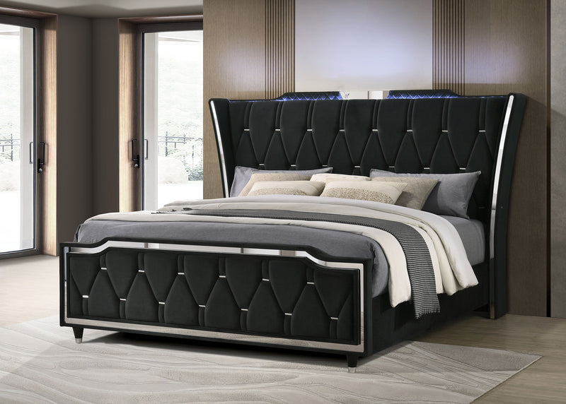 Cama tapizada Lorient LED, marfil y camel