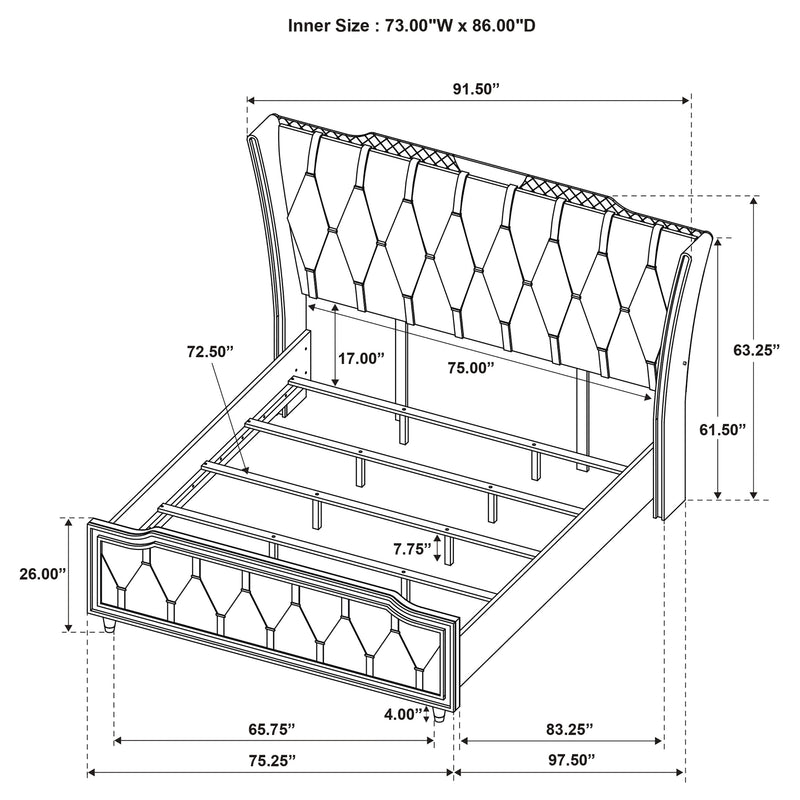 Cama tapizada Lorient LED, marfil y camel