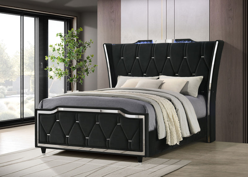 Cama tapizada Lorient LED, marfil y camel
