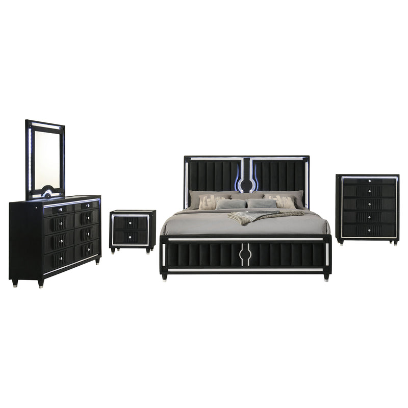 Dormitorio Ravenne tapizado en terciopelo negro con LED