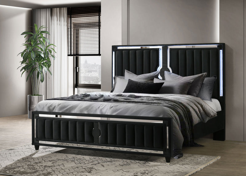 Cama tapizada en terciopelo Ravenne con panel LED, color negro