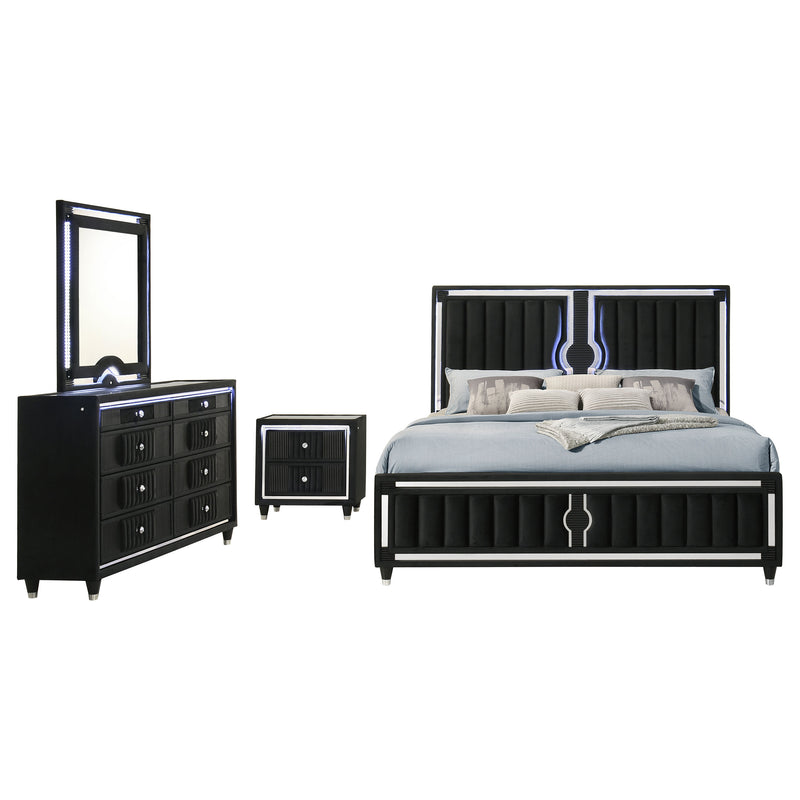 Dormitorio Ravenne tapizado en terciopelo negro con LED