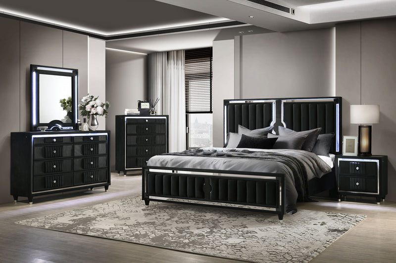 Dormitorio Ravenne tapizado en terciopelo negro con LED
