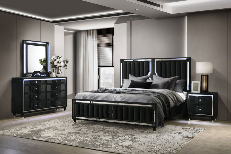 Dormitorio Ravenne tapizado en terciopelo negro con LED