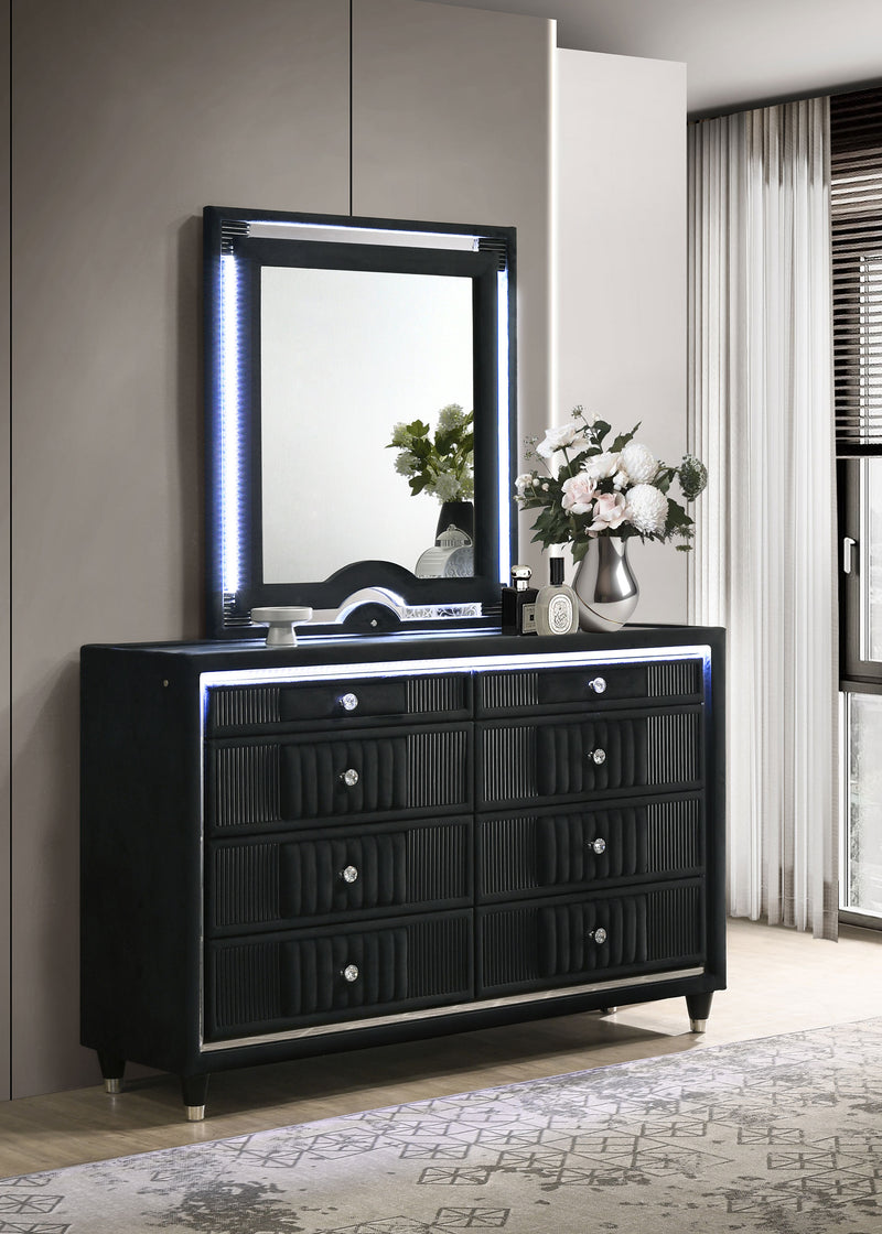 Ravenne 8-drawer Velvet Upholstered LED Dresser Cabinet Black