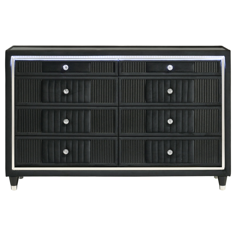 Ravenne 8-drawer Velvet Upholstered LED Dresser Cabinet Black