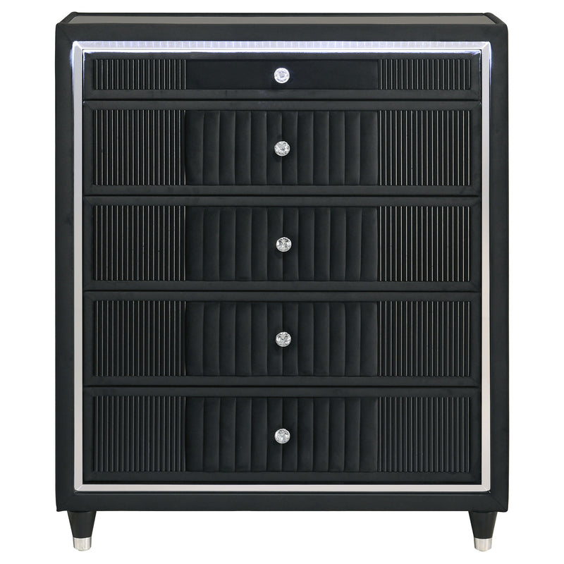 Cómoda de 5 cajones Ravenne tapizada en terciopelo negro con LED