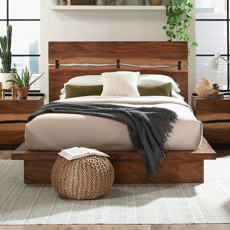 Cama Winslow de paneles de madera Nogal ahumado y Café