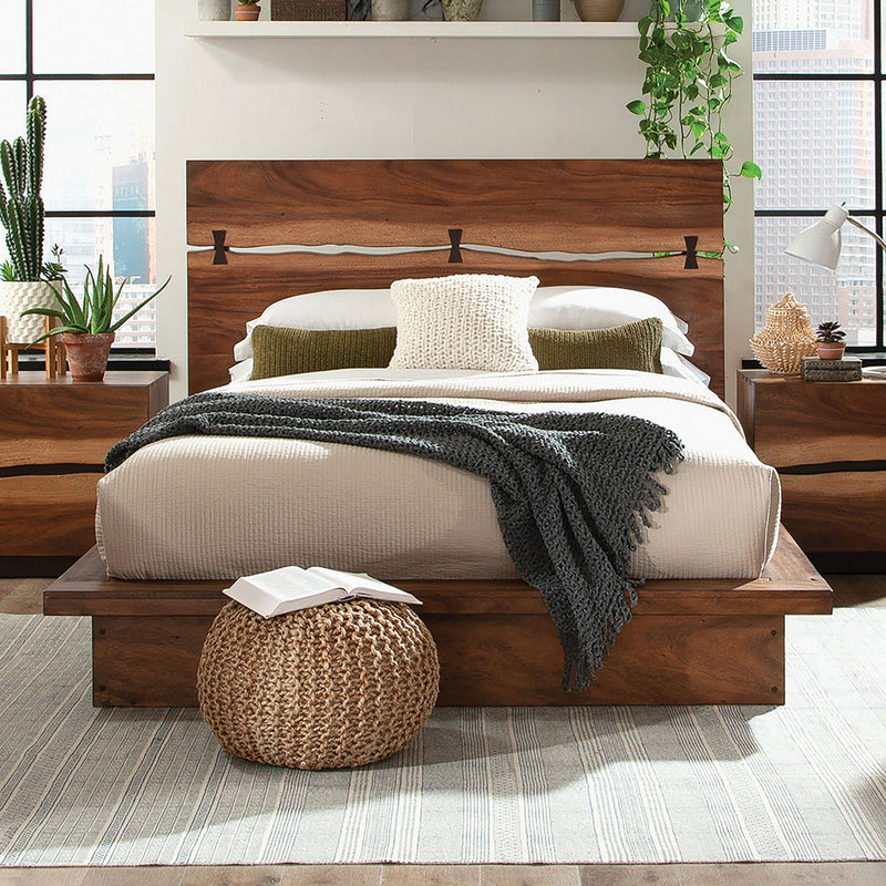 Cama Winslow de paneles de madera Nogal ahumado y Café