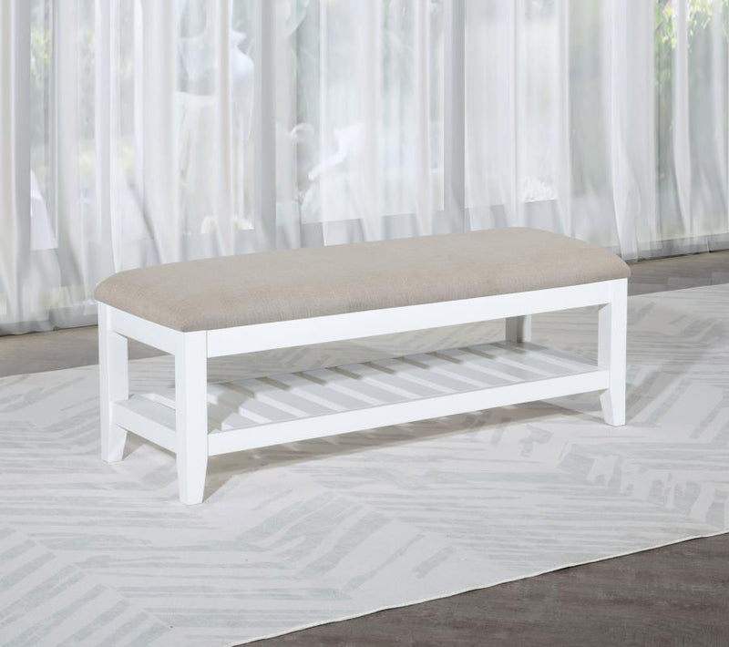 Banco rectangular tapizado Bexhill con estante, blanco