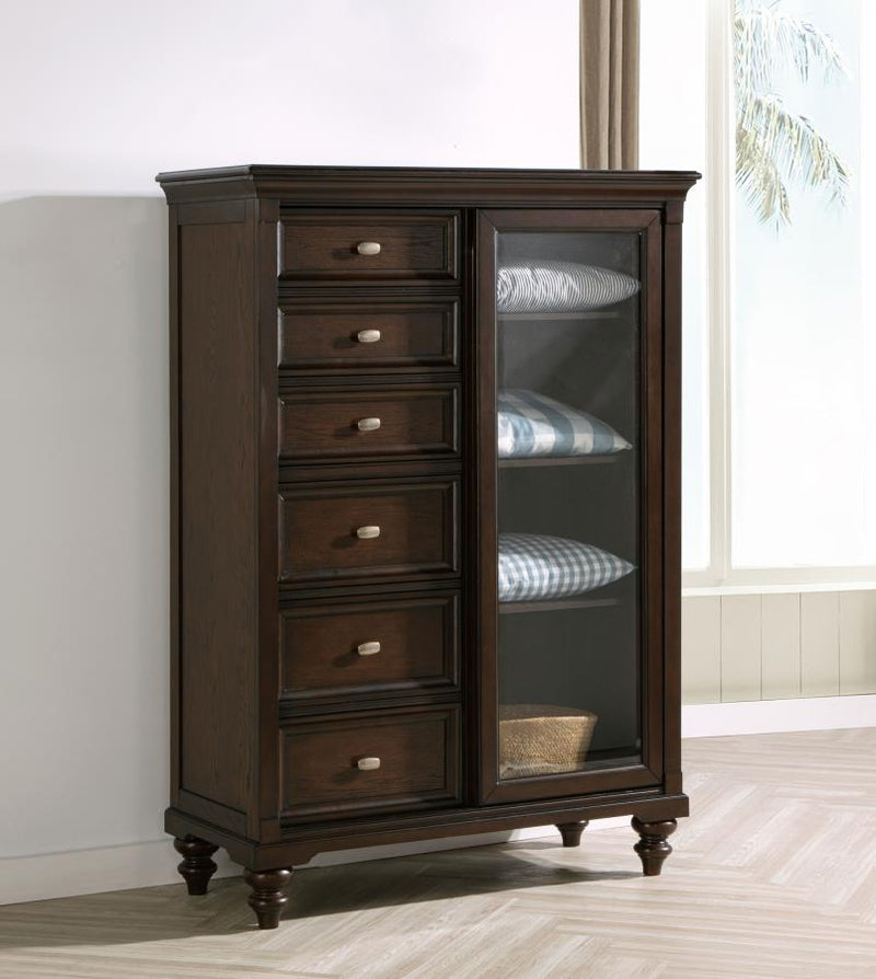 Cómoda Andover de 6 cajones con puerta de cristal templado, roble oscuro