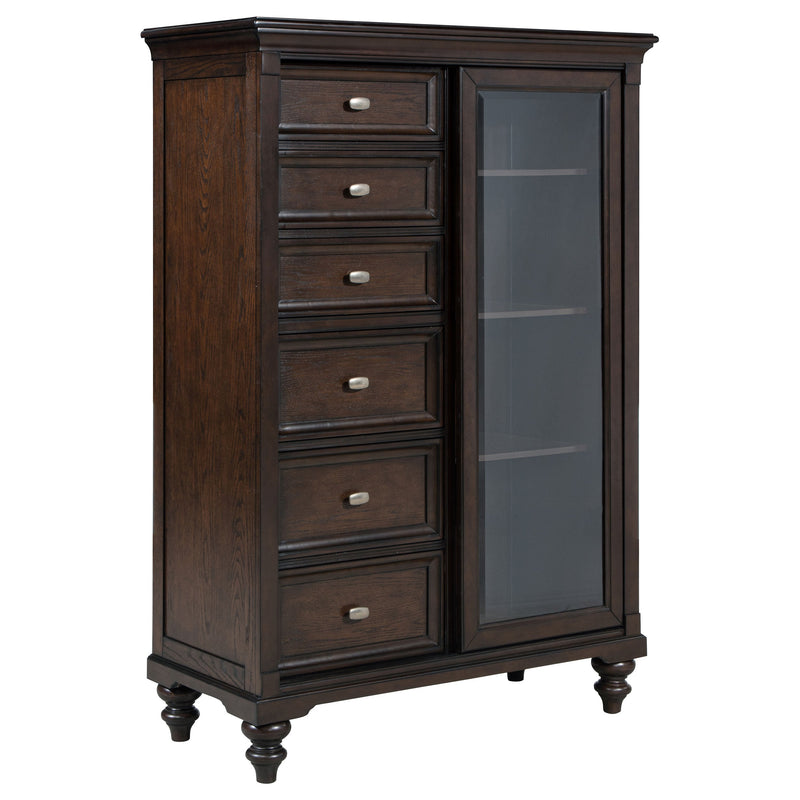 Cómoda Andover de 6 cajones con puerta de cristal templado, roble oscuro