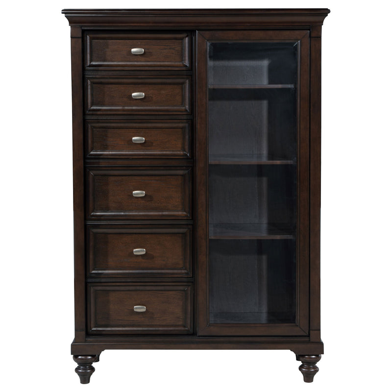 Cómoda Andover de 6 cajones con puerta de cristal templado, roble oscuro
