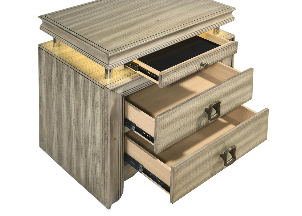 Giselle 3-drawer Nightstand Bedside Table with LED Rustic Beige