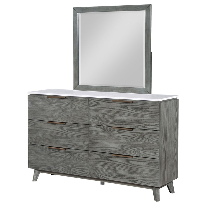 Nathan 6-drawer Dresser with Mirror White Marble and Grey