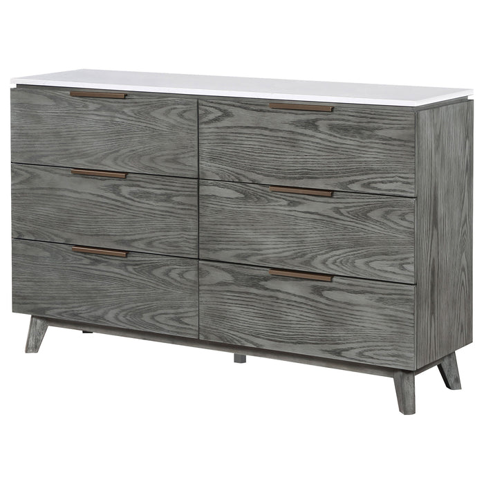 Nathan 6-drawer Dresser with Mirror White Marble and Grey