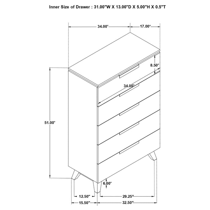 Nathan 5-drawer Chest White Marble and Grey