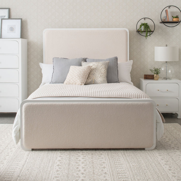 Anastasia Boucle Upholstered  Panel Bed Pearl White and Beige