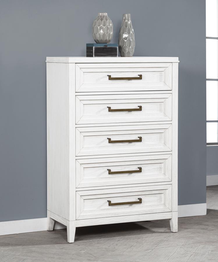 Cómoda de dormitorio de 5 cajones Marielle, blanco envejecido